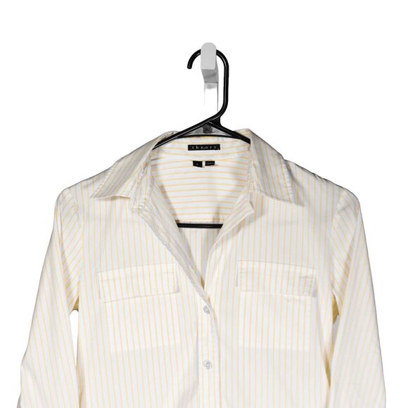 Theory Women's Shirt Button Up White Yellow Striped Stretch Pockets Blouse Top P - Picture 5 of 9